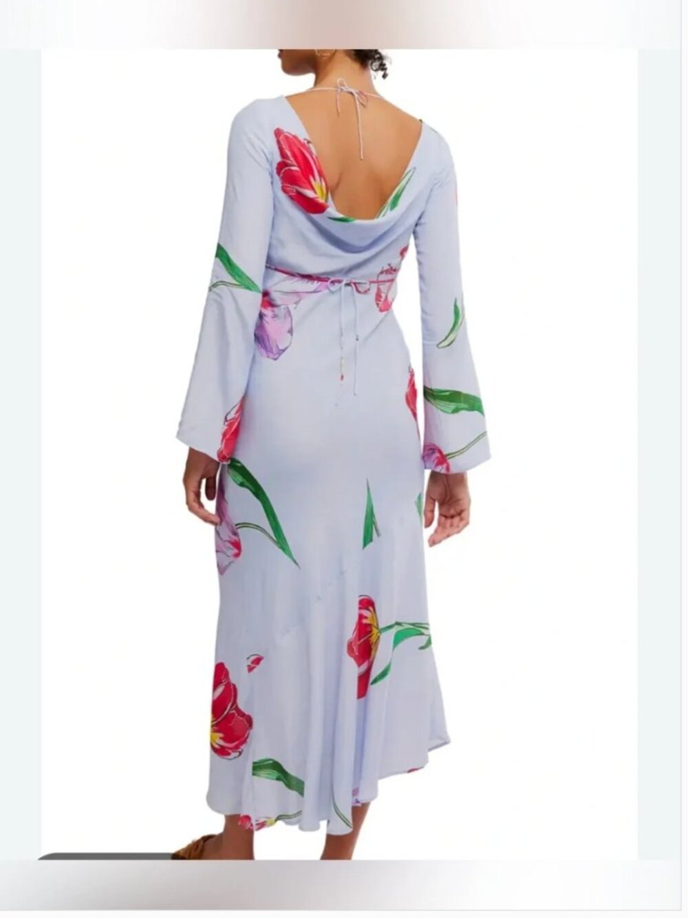 Free People Zadie Maxi Blue Floral Dress Ling Sleeve Drapery Open Back size M